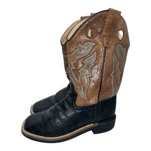 Old West Cowboy Boots Youth Sz 13.5 Kids Brown Leather Square Toe Western Rodeo